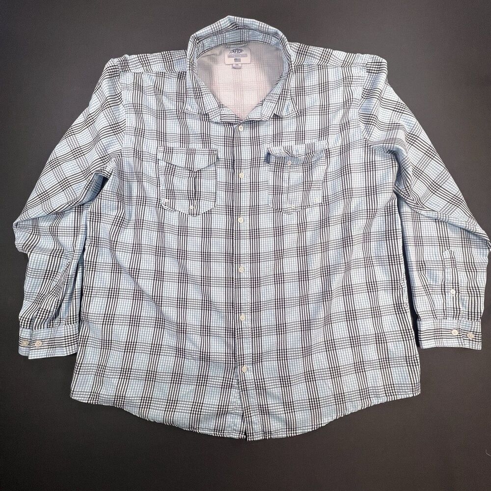 AFTCO Fishing Shirt Mens 2XL Blue Plaid Vented Long Sleeve Polyester